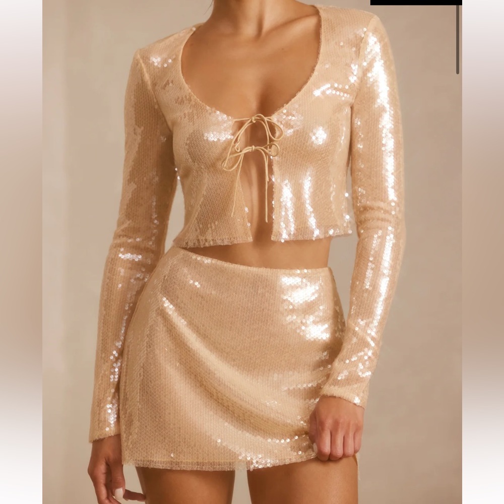 Oh Polly Sheer Sequin Crop Top and Mini Skirt in Tan